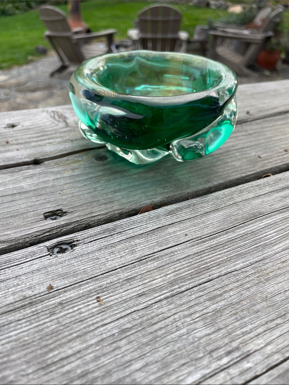 Italian Antique Emerald Green Gold Murano Glass Bowl / Ashtray 1950’s